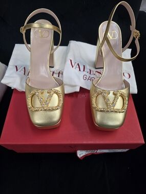 Valentino Garavani Gold Crystal-Embellished Block Heel Sandals